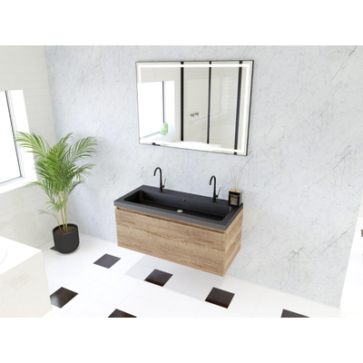 HR Matrix ensemble meuble de salle de bain 3d 100cm 1 tiroir sans poignée avec bandeau en coloris chêne français avec vasque djazz 2 trous de robinetterie noir mat