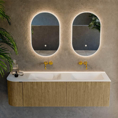 Ensemble de meuble de salle de bain Mondiaz KURVE - 155x46x40cm - 2 tiroirs - 1 porte - lavabo en solid surface - double / droite - sans trou de robinet - Dusk