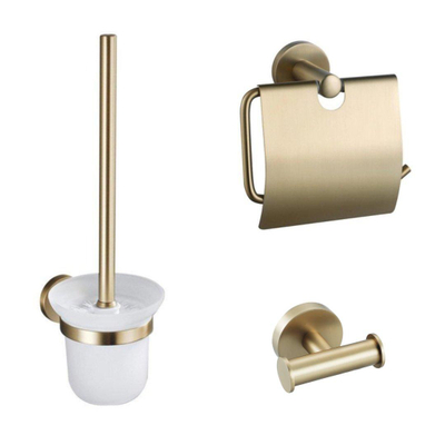 Fortifura Calvi Toiletset 3-delig - toiletrolhouder met klep - toiletborstel - handdoekhaak dubbel rond - Geborsteld Messing PVD (Goud)