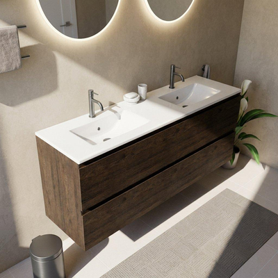 Saniclass Holz Pure Ensemble meuble de salle de bains - 160x45x62cm - lavabo Vygo en céramique blanc - 2 vasques - 2 trous de robinetterie - 4 tiroirs - chêne charcoal mat (bois)