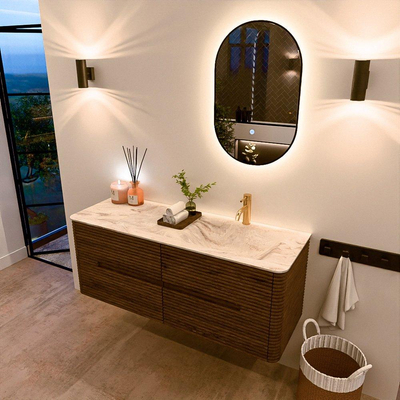 Mondiaz CIRO-DLUX Ensemble de meubles de salle de bains - 130x45x50cm - Vasque solid surface Frappe - 1 lavabo à droite - 1 trou de robinet - 4 tiroirs - Dusk
