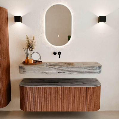 MONDIAZ THOR-DLUX 130cm badmeubel ronding links + rechts kleur Ruby met 1 lade en 2 deuren. Vrijhangende wastafel CLOUD Midden zonder kraangat kleur Sombra.