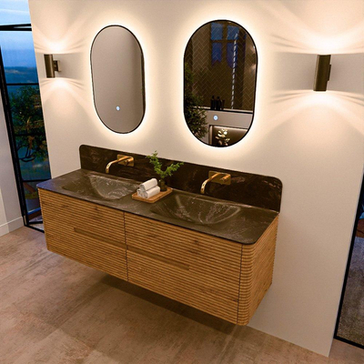 Mondiaz CIRO-DLUX Meuble de salle de bains - 160x45x50cm - Plan de toilette solid surface Lava - 2 vasques double - sans trous de robinetterie - 4 tiroirs - Chêne