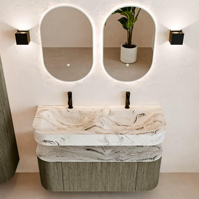 MONDIAZ THOR-DLUX 120cm meuble de salle de bains arrondi gauche + droite couleur Shadow avec 1 tiroir et 2 portes. Vasque suspendue CLOUD Double 2 trous de robinet couleur Glace.
