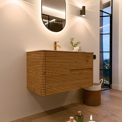 Mondiaz CIRO-DLUX Badkamermeubelset - 90x45x50cm - Solid surface wastafel Nata - 1 wasbak Midden - 1 kraangat - 2 lades - Oak