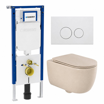 QeramiQ Dely Swirl Toiletset - 36.3x51.7cm - Geberit UP720 Duofix Sigma inbouwreservoir - slim zitting - mat witte metalen bedieningsplaat - ronde knoppen - mat beige