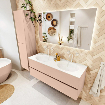 MONDIAZ VICA Ensemble meuble de salle de bains - 130cm - meuble bas rosee - 2 tiroirs - vasque moon double - 2 trous de robinet - version haute 60cm - talc