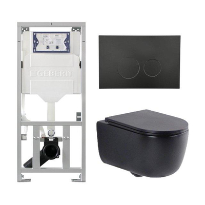 QeramiQ Dely Swirl Ensemble WC - 36.3x51.7cm - Réservoir encastré Geberit UP320 - abattant fin - Plaque de commande en métal noir mat - Boutons ronds - Noir mat