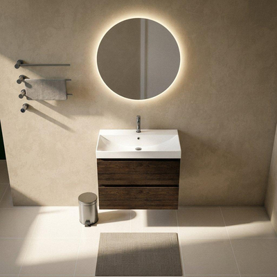 Saniclass Holz Pure Ensemble de meubles de salle de bains - 80x45x67.5cm - Wave lavabo en céramique - 1 vasque - 1 trou de robinetterie - 2 tiroirs - chêne charcoal mat (bois)
