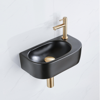 QeramiQ Fuente Fonteinset - 40x21.5x12cm - rechts - glad - halfrond - 1 kraangat - keramiek - fonteinkraan geborsteld messing - afvoerplug - verlaagd sifon - zwart mat