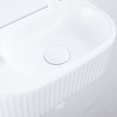 QeramiQ Fuente Ensemble de Lavabo - 40x21.5x12cm - strié - demi-rond - céramique - ensemble de robinet blanc mat - bouchon de vidange - siphon abaissé - blanc brillant