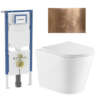 QeramiQ Dely Toiletset - 36.3x51.7cm - diepspoel - rimless - Geberit UP720 inbouwreservoir - softclose toiletzitting - koperen bedieningsplaat - ronde knoppen - wit glans