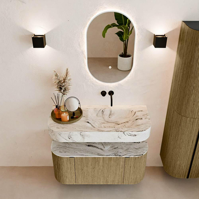 MONDIAZ THOR-DLUX 100cm meuble de salle de bains arrondi gauche + droite couleur Dusk avec 1 tiroir et 2 portes. Vasque suspendue CLOUD Droite sans trou de robinet couleur Glace.