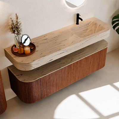 MONDIAZ THOR-DLUX 160cm meuble de salle de bains arrondi gauche + droite couleur Ruby avec 1 tiroir et 2 portes. Vasque suspendue CLOUD Droite 1 trou de robinet couleur Arena.