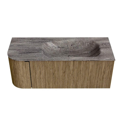 MONDIAZ KURVE-DLUX 115cm meuble de salle de bains arrondi Gauche couleur Dusk avec 1 tiroir et 1 porte. Lavabo BIG SMALL Droite sans trou de robinet Oza.