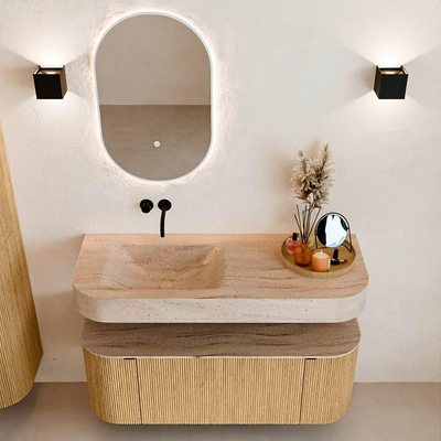 MONDIAZ THOR-DLUX 120cm badmeubel ronding links + rechts kleur Oak met 1 lade en 2 deuren. Vrijhangende wastafel CLOUD Links zonder kraangat kleur Saba.