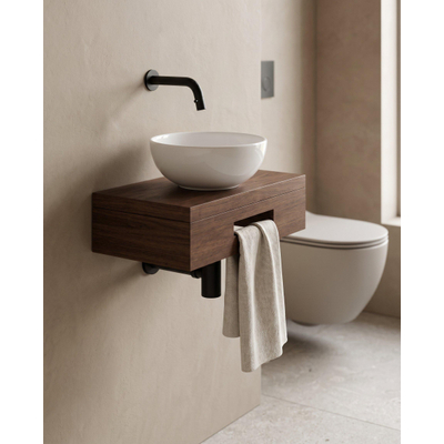 Royal Plaza Terra pack lave-mains – 40 x 25 x 10 cm – bois blanc brillant – robinet noir mat – châtaigne (noyer)