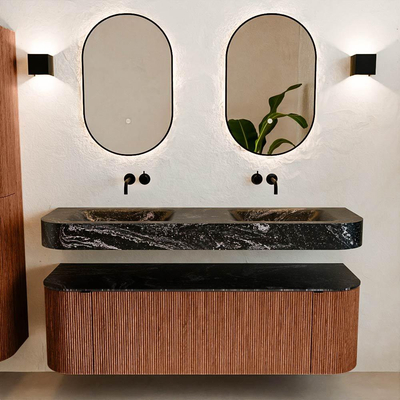 MONDIAZ THOR-DLUX 150cm badmeubel ronding links + rechts kleur Ruby met 1 lade en 2 deuren. Vrijhangende wastafel CLOUD Dubbel zonder kraangat kleur Lava.