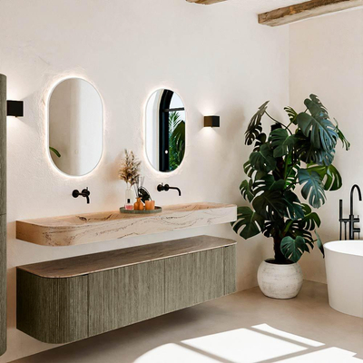 MONDIAZ THOR-DLUX 180cm meuble de salle de bains arrondi gauche + droite couleur Shadow avec 2 tiroirs et 2 portes. Vasque suspendue CLOUD Double sans trou de robinet couleur Arena.