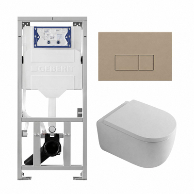 QeramiQ Dely Swirl Toiletset - 36.3x51.7cm - Geberit UP320 inbouwreservoir - met Burda frame - 35mm zitting - bedieningsplaat taupe - rechthoekige knoppen - glans wit