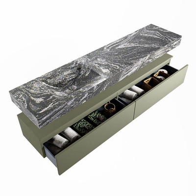 Mondiaz ALAN-DLUX Ensemble de meuble - 200cm - meuble Army mat - 2 tiroirs - Lavabo Cloud Lava suspendu - vasque Gauche - 0 trous de robinet