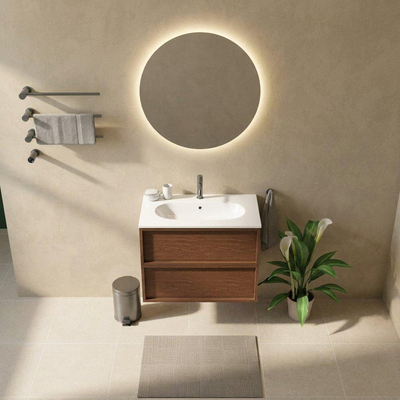 Saniclass Holz Frame Ensemble meuble de salle de bains - 80x45x73.9cm - Vasque en céramique Chaci blanche - 1 vasque - 1 trou de robinetterie - 2 tiroirs - noyer pure mat (bois)