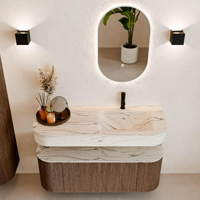 MONDIAZ THOR-DLUX 120cm badmeubel ronding links + rechts kleur Walnut met 1 lade en 2 deuren. Vrijhangende wastafel CLOUD Rechts 1 kraangat kleur Nata.