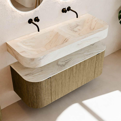 MONDIAZ THOR-DLUX 120cm meuble de salle de bains arrondi gauche + droite couleur Dusk avec 1 tiroir et 2 portes. Vasque suspendue CLOUD Double sans trou de robinet couleur Ostra.