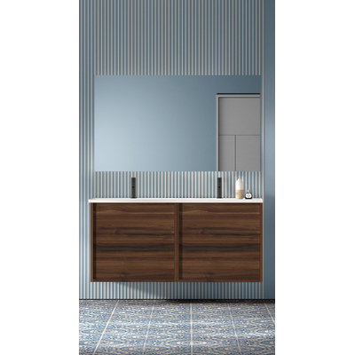 Saniclass Prime Essential Badkamermeubelset - 120x55x46cm - 2 rechthoekige wasbakken wit - 2 kraangaten - 4 lades - rechthoekige spiegel - noten (hout)