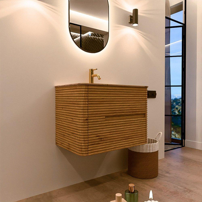 Mondiaz CIRO-DLUX Meuble de salle de bains - 70x45x50cm - Plan vasque en solid surface Arena - 1 vasque au milieu - 1 trou de robinetterie - 2 tiroirs - Chêne