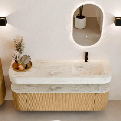 MONDIAZ THOR-DLUX 160cm badmeubel ronding links + rechts kleur Oak met 1 lade en 2 deuren. Vrijhangende wastafel CLOUD Rechts 1 kraangat kleur Ostra.