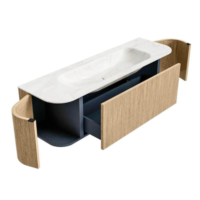 MONDIAZ KURVE-DLUX meuble de salle de bains 150cm avec module 25 Len R couleur Oak avec 1 tiroir et 2 portes. Lavabo BIG MEDIUM central sans trou de robinet couleur Ostra.