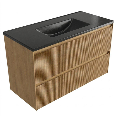 Saniclass Holz Atelier Ensemble meuble de salle de bains - 100x45x62cm - lavabo en céramique Vygo noir - 1 vasque - sans trou de robinetterie - 2 tiroirs - chêne natural mat (bois)