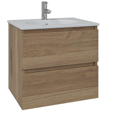 Saniclass Chaci Ensemble meuble de salle de bains - 60x46x55cm - lavabo en céramique blanc - 1 vasque ovale - 1 trou de robinet - 2 tiroirs - miroir rectangulaire - chêne
