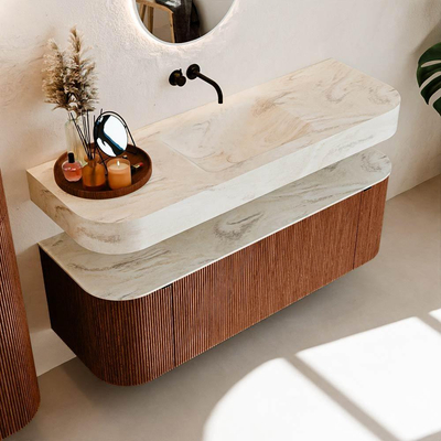 MONDIAZ THOR-DLUX 140cm meuble de salle de bains arrondi gauche + droite couleur Ruby avec 1 tiroir et 2 portes. Vasque suspendue CLOUD Milieu sans trou de robinet couleur Ostra.