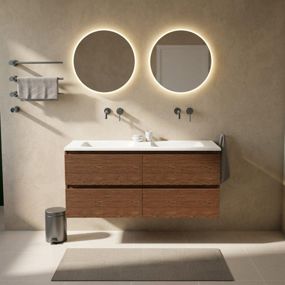 Saniclass Holz Pure Ensemble de meubles de salle de bains - 140x45x77.5cm - lavabo Torino en solid surface blanc - sans trou de robinetterie - 4 tiroirs - walnut pure mat (bois)