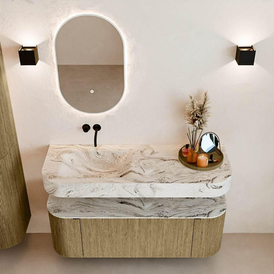 MONDIAZ THOR-DLUX 130cm meuble de salle de bains arrondi gauche + droite couleur Dusk avec 1 tiroir et 2 portes. Vasque suspendue CLOUD Gauche sans trou de robinet couleur Glace.