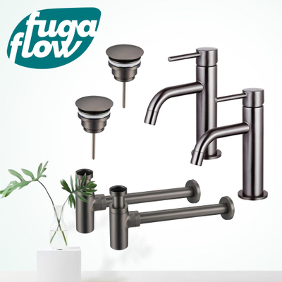 FugaFlow Eccelente Sobrado Badkamer Slim Wastafelkraanset - voor dubbele wastafel - lage wastafelkraan - always open plug - design sifon - PVD Gepolijst Gunmetal