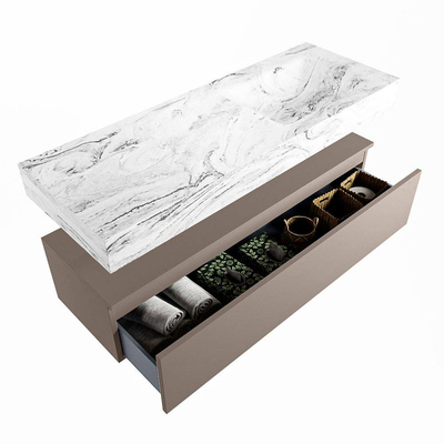 Mondiaz ALAN-DLUX Ensemble de meuble - 130cm - meuble Smoke mat - 1 tiroir - Lavabo Cloud Glace suspendu - vasque Droite - 0 trous de robinet