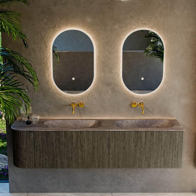 MONDIAZ KURVE-DLUX Meuble de salle de bains 175cm arrondi à gauche couleur Shadow avec 2 tiroirs et 1 porte. Lavabo STOR SMALL Double / Droite sans trou de robinet Oza.