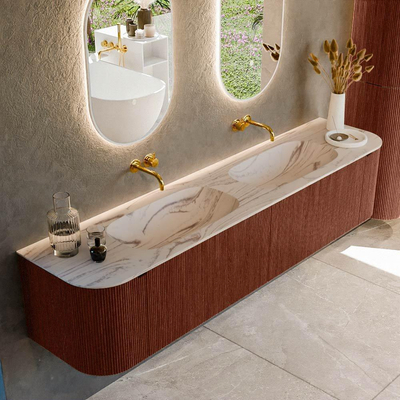 MONDIAZ KURVE-DLUX Meuble de salle de bains 200cm arrondi Gauche + Droite couleur Ruby avec 2 tiroirs et 2 portes. Plan-vasque STOR SMALL Double sans trou de robinet Nata.