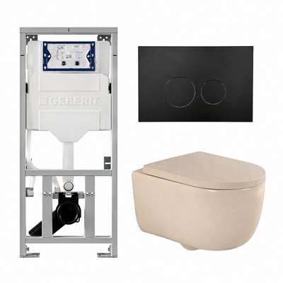 QeramiQ Dely Swirl Ensemble WC - 36.3x51.7cm - Réservoir encastré Geberit UP320 - Abattant de 35mm d'épaisseur - Plaque de commande en métal noir mat - Boutons ronds - Beige