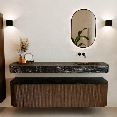 MONDIAZ THOR-DLUX 170cm badmeubel ronding links + rechts kleur Walnut met 1 lade en 2 deuren. Vrijhangende wastafel CLOUD Rechts zonder kraangat kleur Lava.