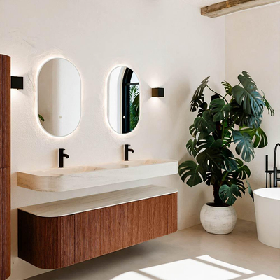 MONDIAZ THOR-DLUX 160cm meuble de salle de bains arrondi gauche + droite couleur Ruby avec 1 tiroir et 2 portes. Vasque suspendue CLOUD Double 2 trous de robinet couleur Meli.