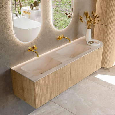 MONDIAZ KURVE-DLUX 155cm badmeubel ronding Rechts kleur Oak met 2 lades en 1 deur. Wastafel LEAF Dubbel / Links zonder kraangat Meli.