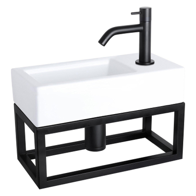 Differnz Ravo ensemble fontaine 38.5x18.5x25cm 1 trou de robinet courbe noir mat robinet avec siphon et bouchon vidange rectangle céramique blanc sortie SECOND CHOIX