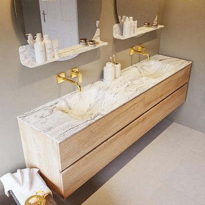 Mondiaz VICA-DLUX ensemble de meuble de salle de bain - 200cm - meuble sous-vasque chêne blanchi - 4 tiroirs - lavabo encastré cloud double - sans trous de robinet - version haute de 60cm - glace