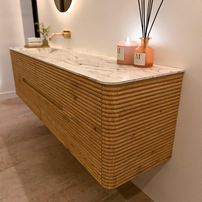 Mondiaz CIRO-DLUX Badkamermeubelset - 180x45x50cm - Solid surface wastafel Glace - 1 wasbak Links - zonder kraangaten - 4 lades - Oak