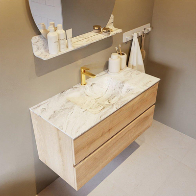 Mondiaz VICA-DLUX Ensemble de meuble de salle de bain - 100cm - meuble sous-vasque chêne blanchi - 2 tiroirs - lavabo encastré nuage milieu - 1 trou de robinet - version haute de 60cm - glace