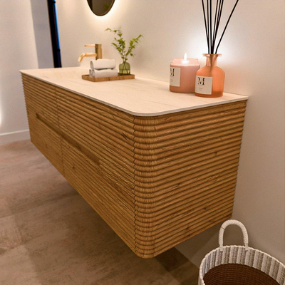 Mondiaz CIRO-DLUX Meuble de salle de bains - 150x45x50cm - Plan vasque Solid surface Meli - 1 vasque à gauche - 1 trou de robinetterie - 4 tiroirs - Chêne
